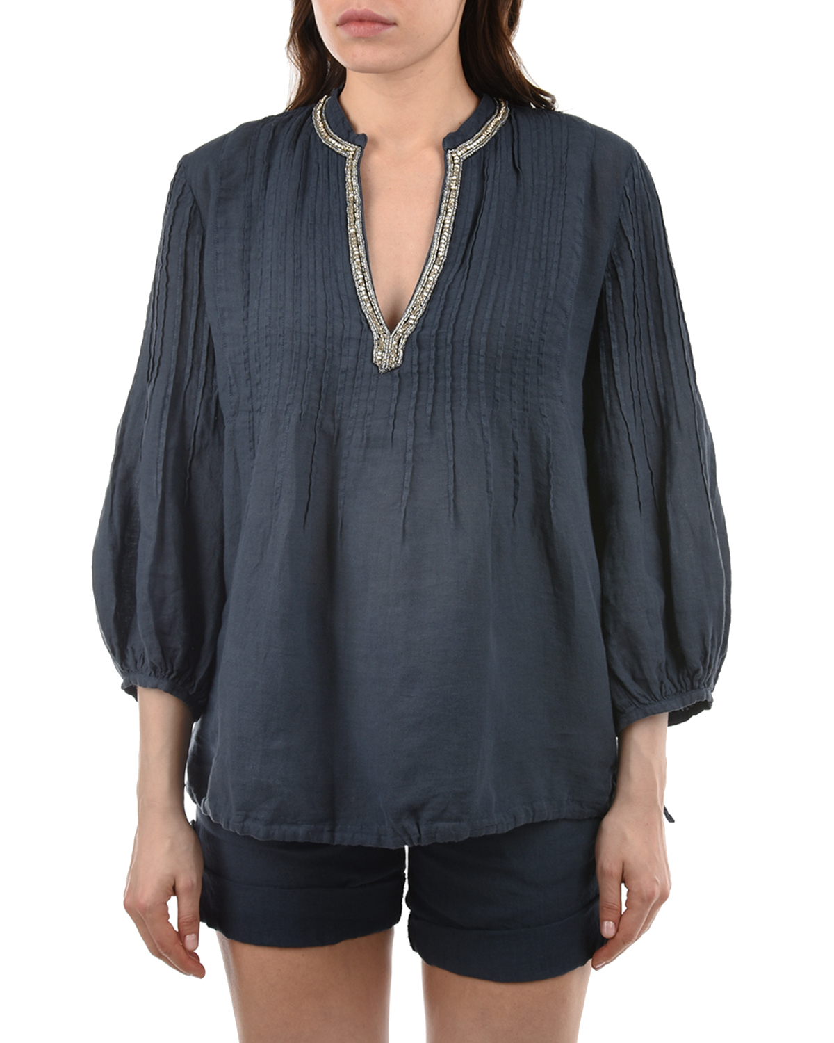 Темно-синяя льняная блуза с V-образным вырезом 120% Lino, размер 42, цвет нет цвета - фото 7