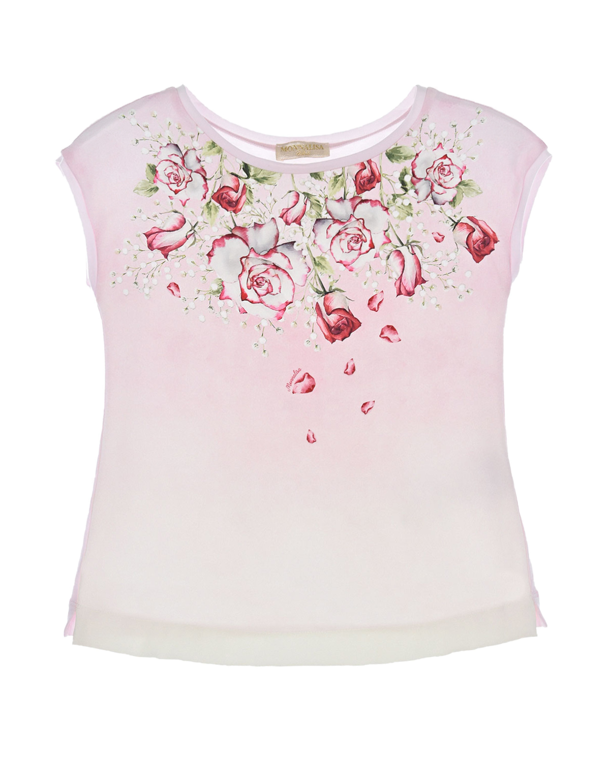 Купить Розовая блуза с принтом розы Monnalisa детская, Мультиколор, 95%модал+5%эластан, 100%полиэстер