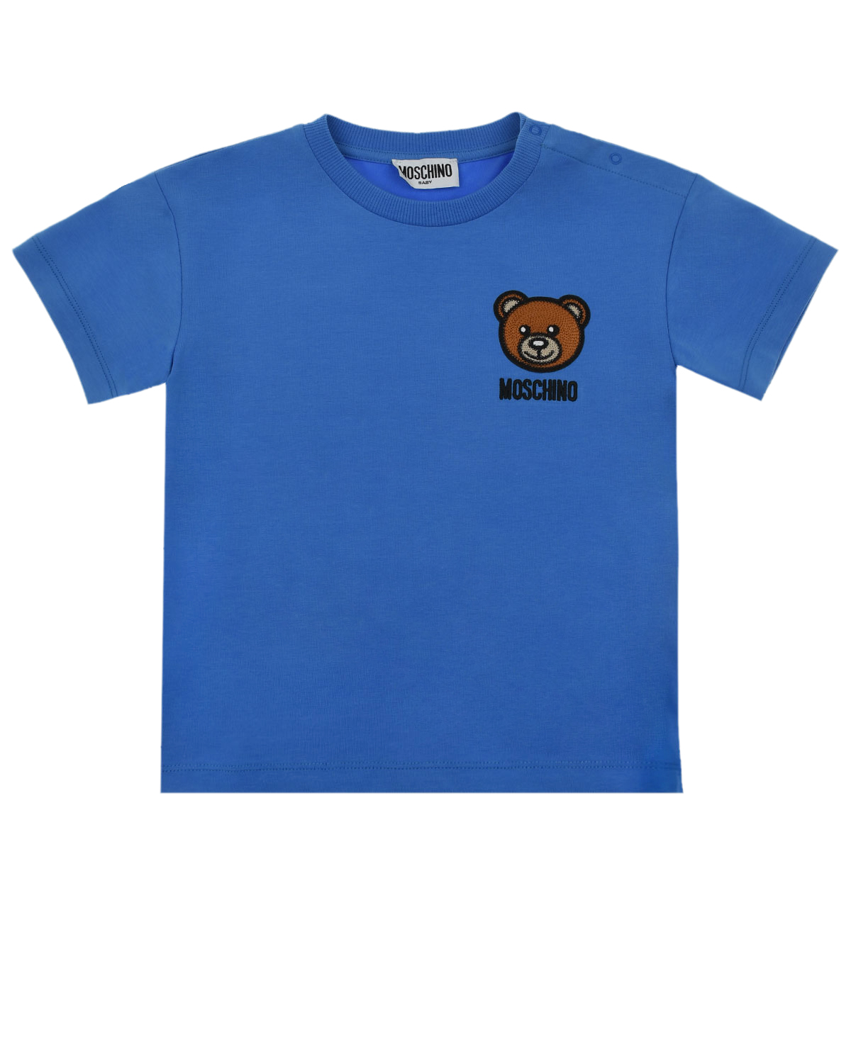 Купить Голубая футболка с патчем медвежонок Moschino детская, Голубой, 95%хлопок+5%эластан, 96%хлопок+4%эластан, 60%акрилик+20%шерсть+20%полиэстер, 100%полиэстер