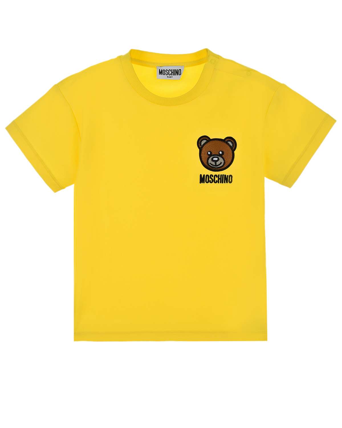 Купить Желтая футболка с аппликацией Moschino детская, Желтый, 95%хлопок+5%эластан, 96%хлопок+4%эластан, 60%акрилик+20%шерсть+20%полиэстер, 100%полиэстер