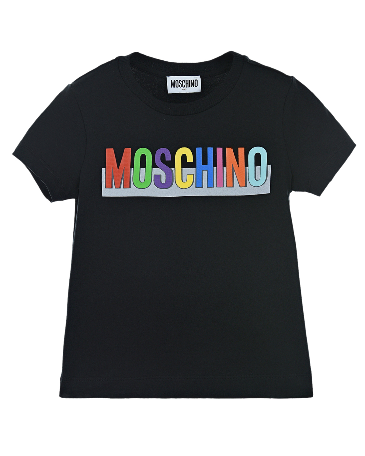 Купить Черная футболка с радужным логотипом Moschino детская, Черный, 94%хлопок+6%эластан, 98%хлопок+2%эластан