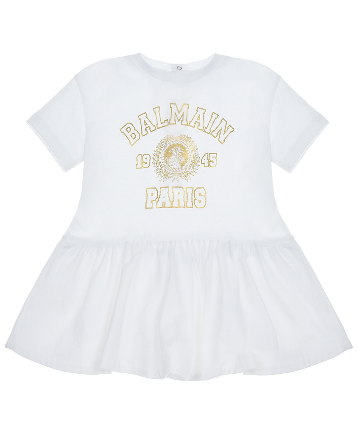 Белое платье с золотистым логотипом Balmain