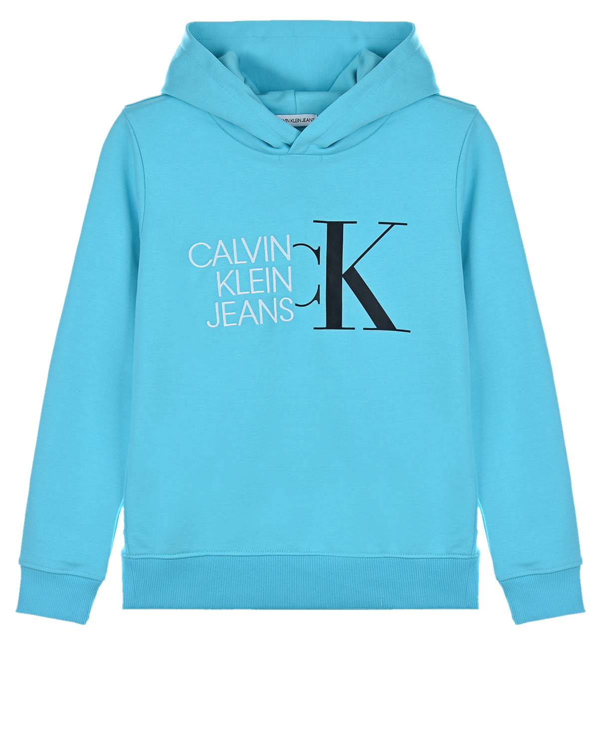 Голубая толстовка-худи с белым логотипом Calvin Klein