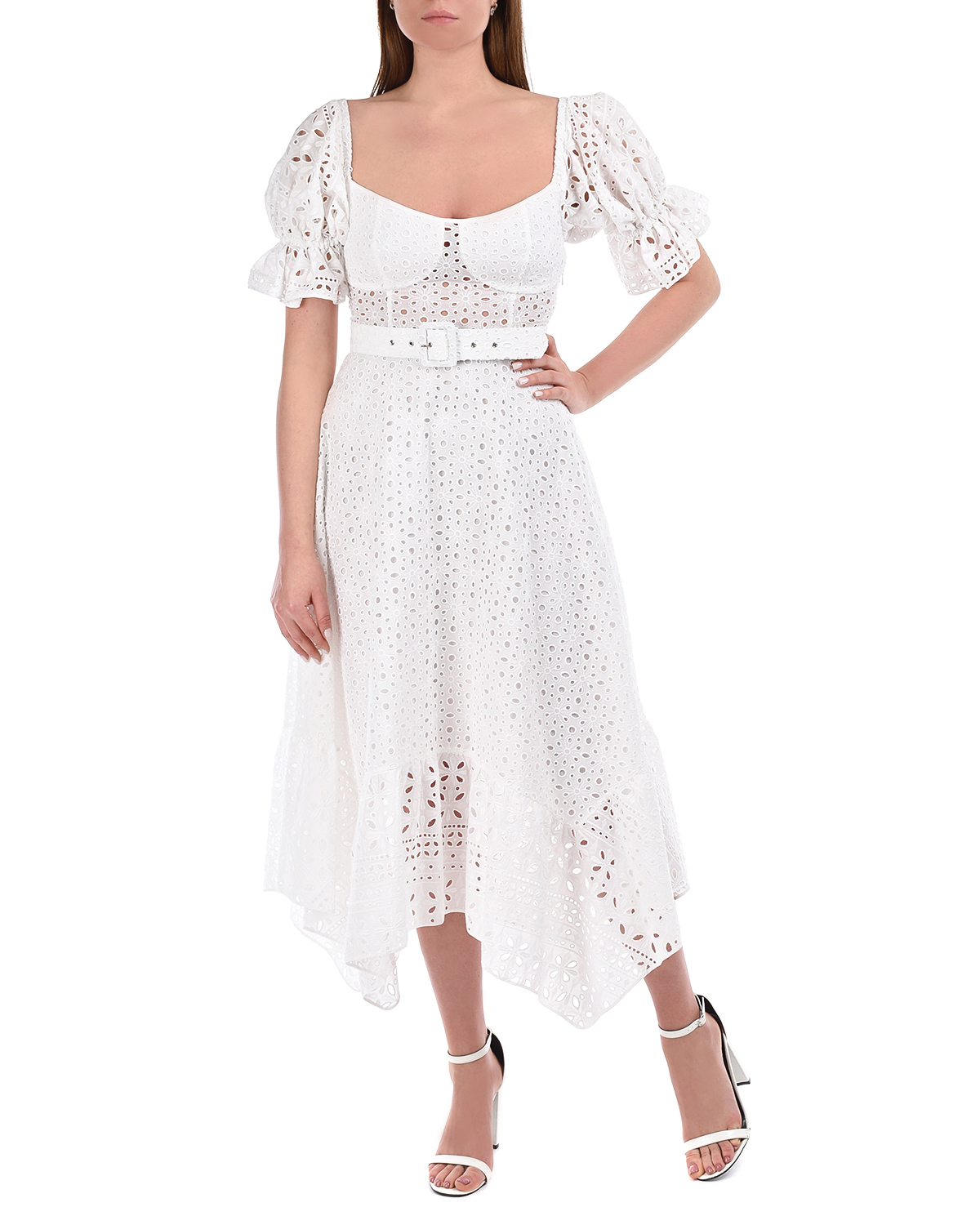 Платье миди из хлопкового шитья с асимметричным подолом Charo Ruiz, размер 40, цвет белый - фото 2