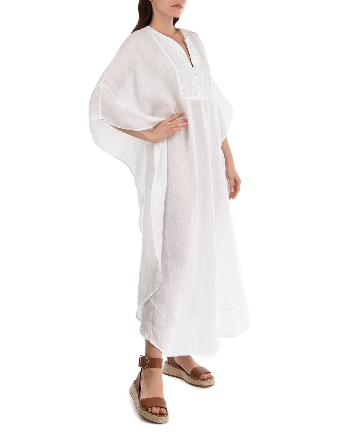 Белое платье с вышивкой пайетками 120% Lino, размер 40, цвет белый - фото 2