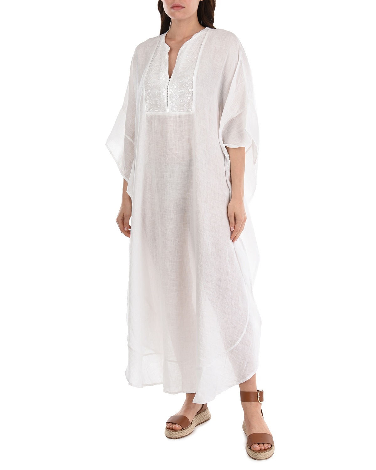Белое платье с вышивкой пайетками 120% Lino, размер 40, цвет белый - фото 3