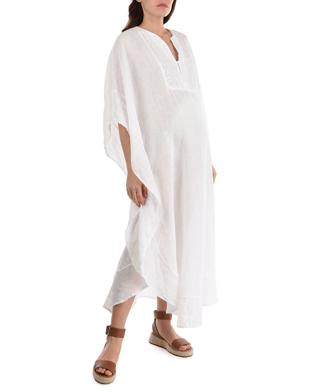 Белое платье с вышивкой пайетками 120% Lino, размер 40, цвет белый - фото 5