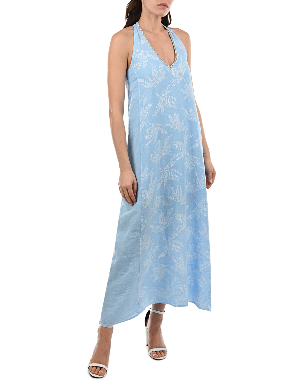 Голубое платье с белым цветочным принтом 120% Lino, размер 40 - фото 2