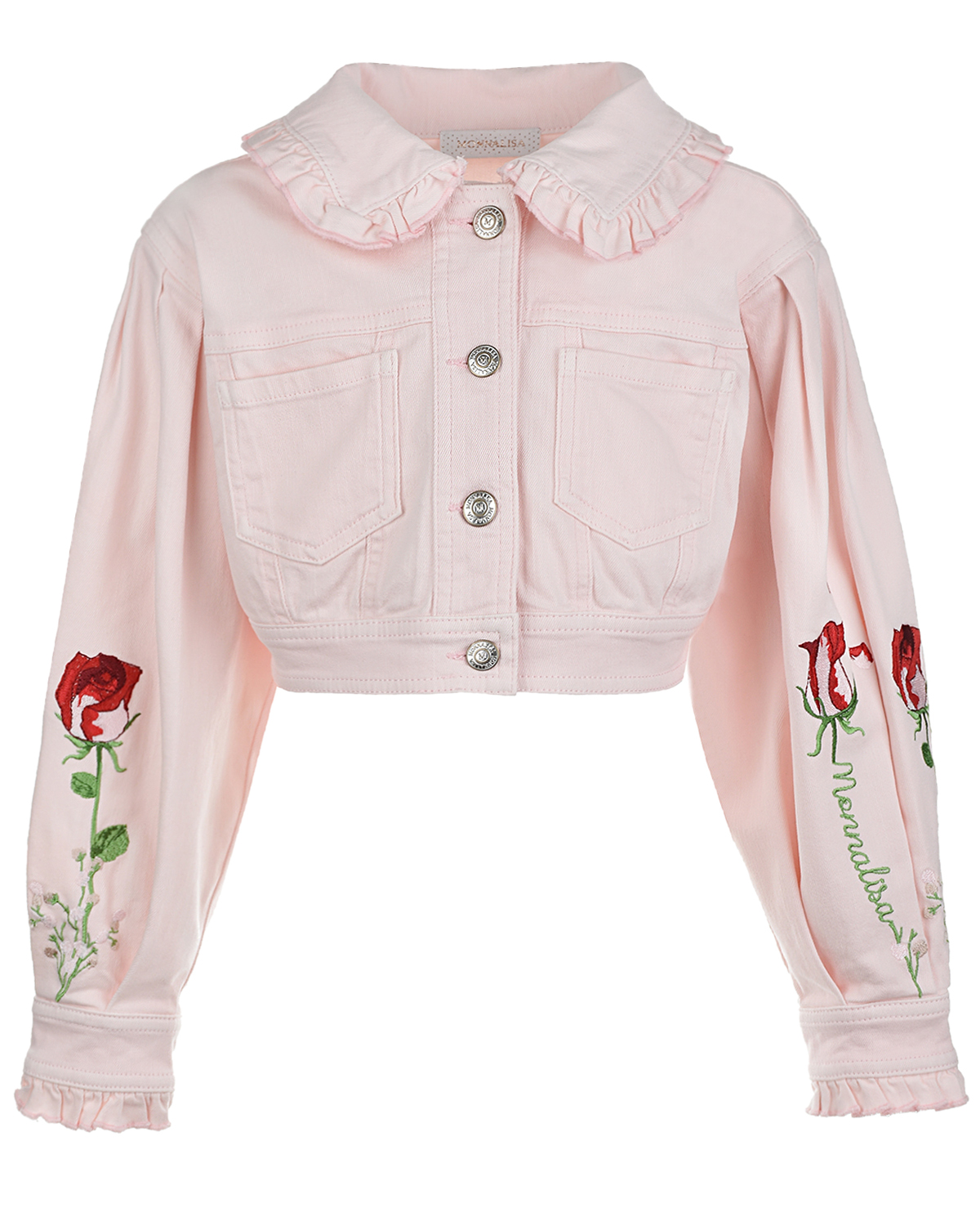 Розовая джинсовая куртка с вышивкой "розы" Monnalisa детская, размер 116, цвет розовый