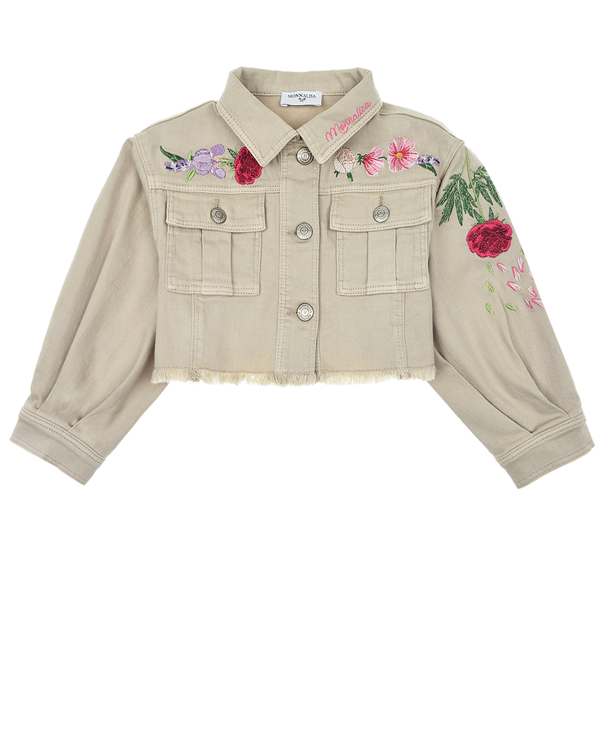 Джинсовая куртка с вышитыми цветами Monnalisa детская, размер 110