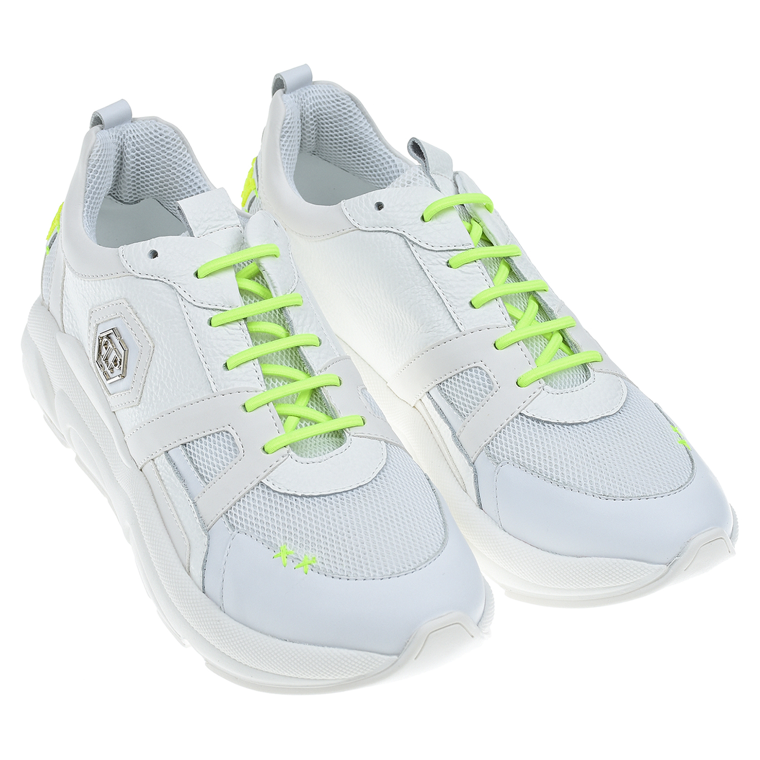Белые кроссовки с салатовыми шнурками Philipp Plein
