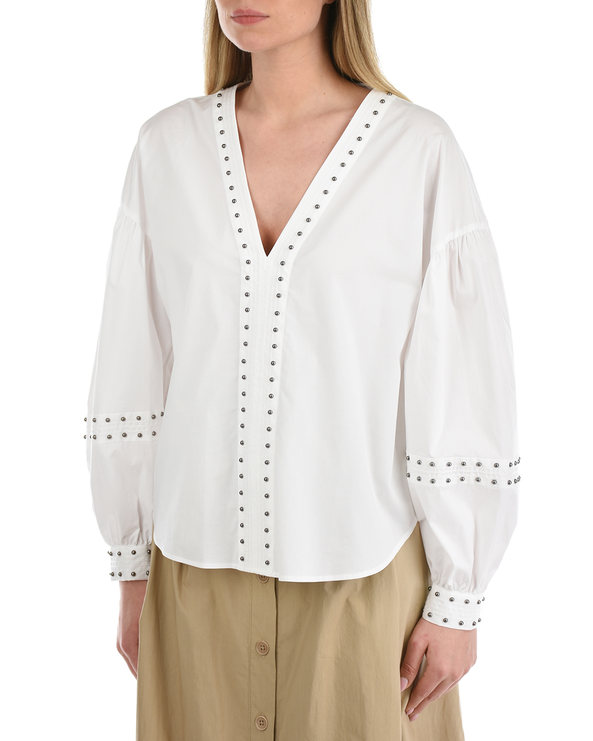 Белая блуза с декором клепками TWINSET, размер 40, цвет белый - фото 7