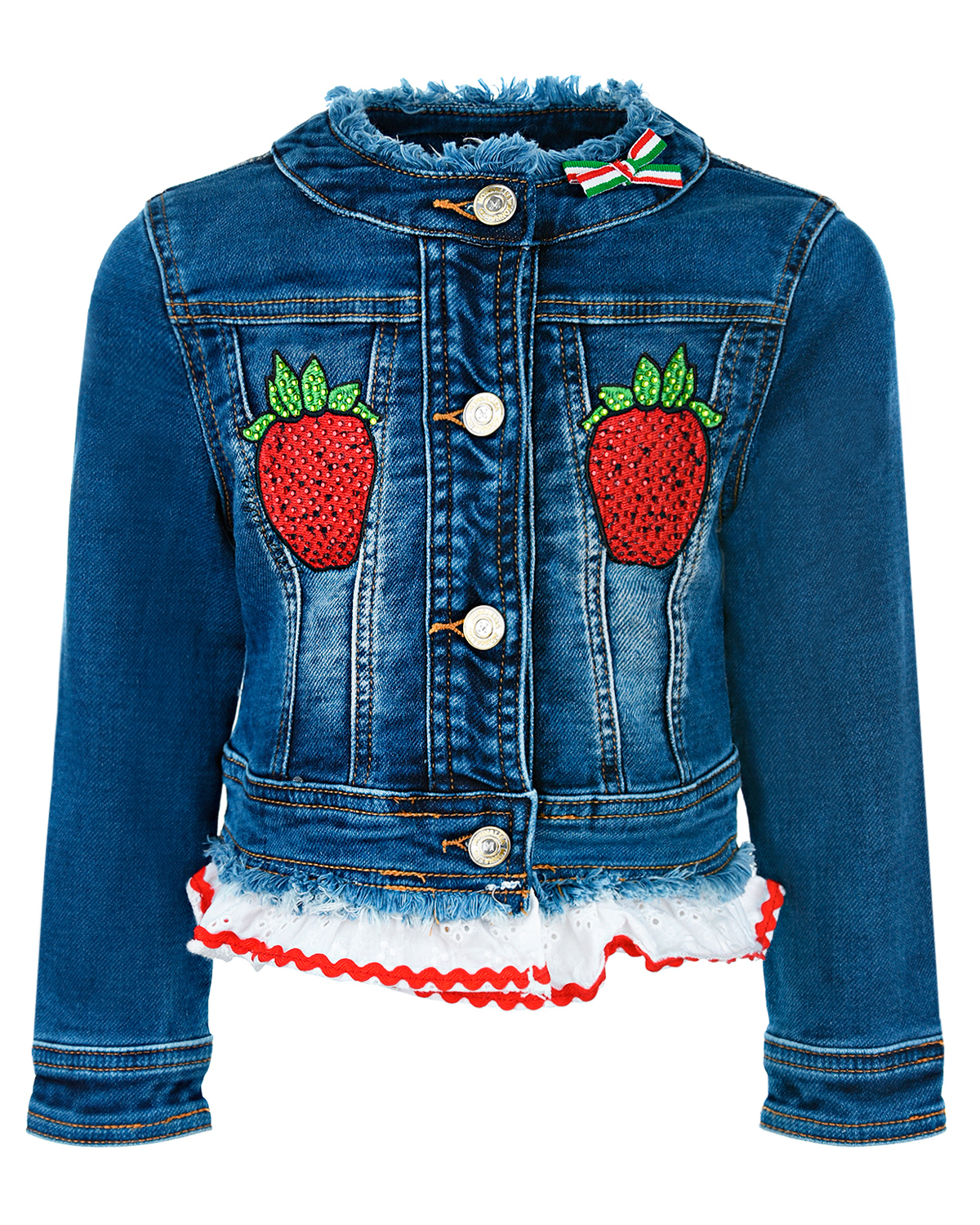 Джинсовая куртка с декором "Клубника" Monnalisa детская, размер 110, цвет синий - фото 1