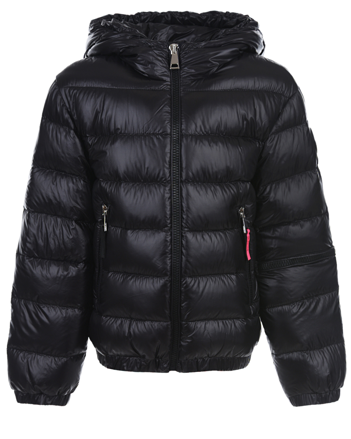 Купить Черная стеганая куртка с контрастной вставкой Moncler, Черный, 100%полиамид, 100%полиэстер, 90%пух+10%перо