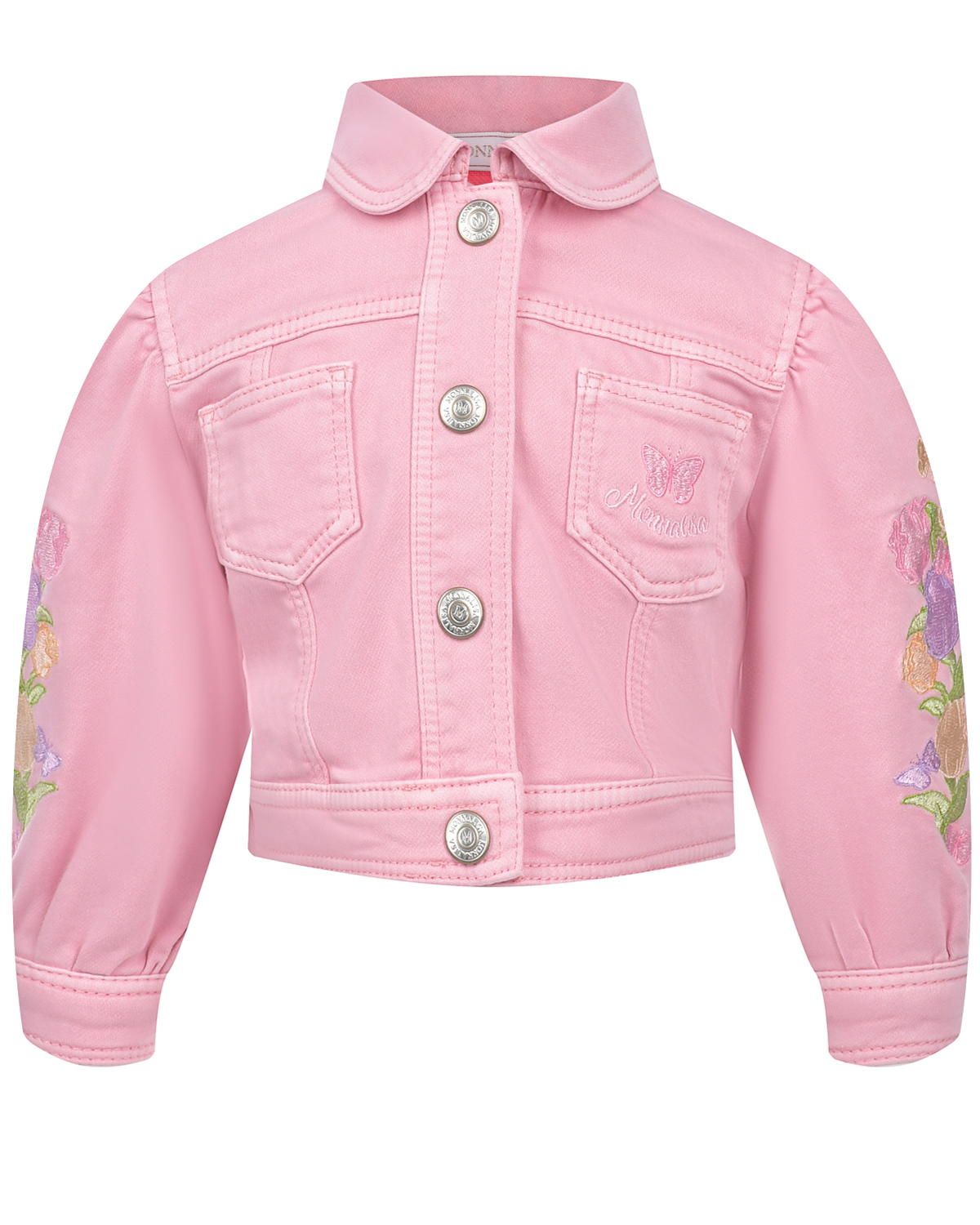 Розовая джинсовая куртка с вышивкой "тюльпаны" Monnalisa