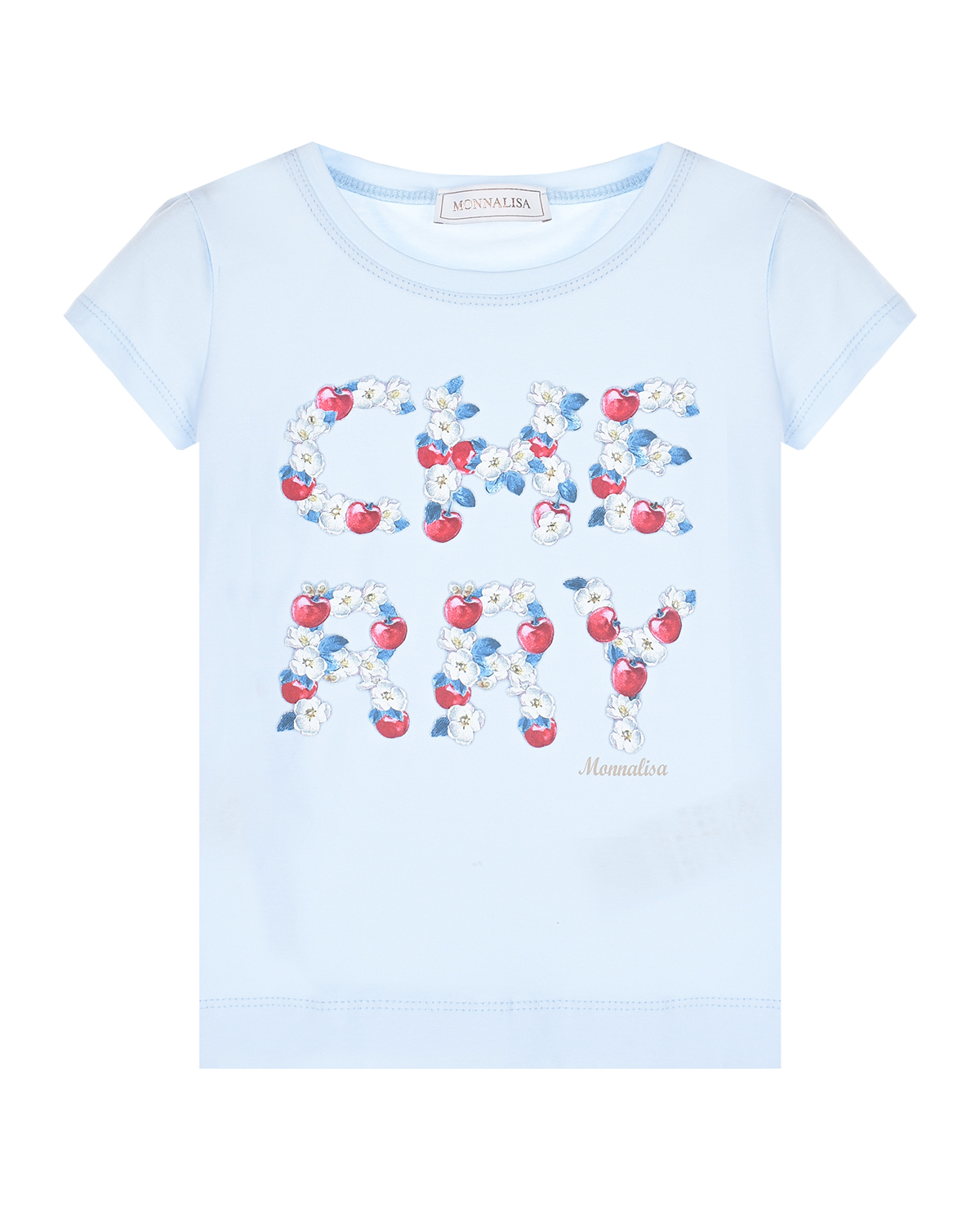 Голубая футболка с принтом "Cherry" Monnalisa, размер 110, цвет голубой