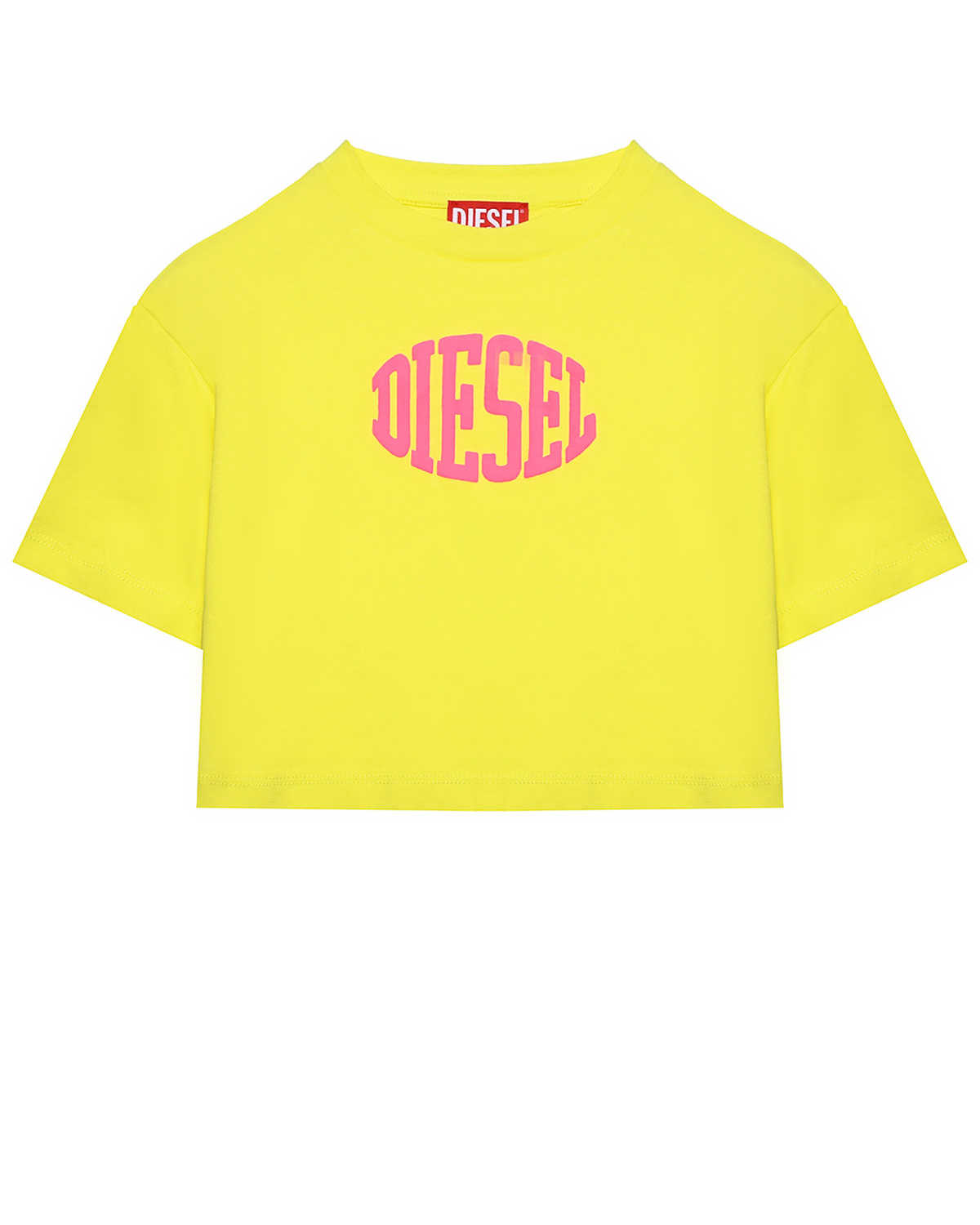 Укороченная футболка с розовым лого, желтая Diesel футболка со сплошным разноцветным лого dolce