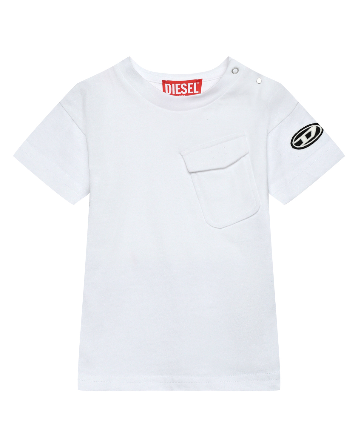 Футболка белая, кривой карман и черное лого на рукаве Diesel футболка с вертикальным лого moschino