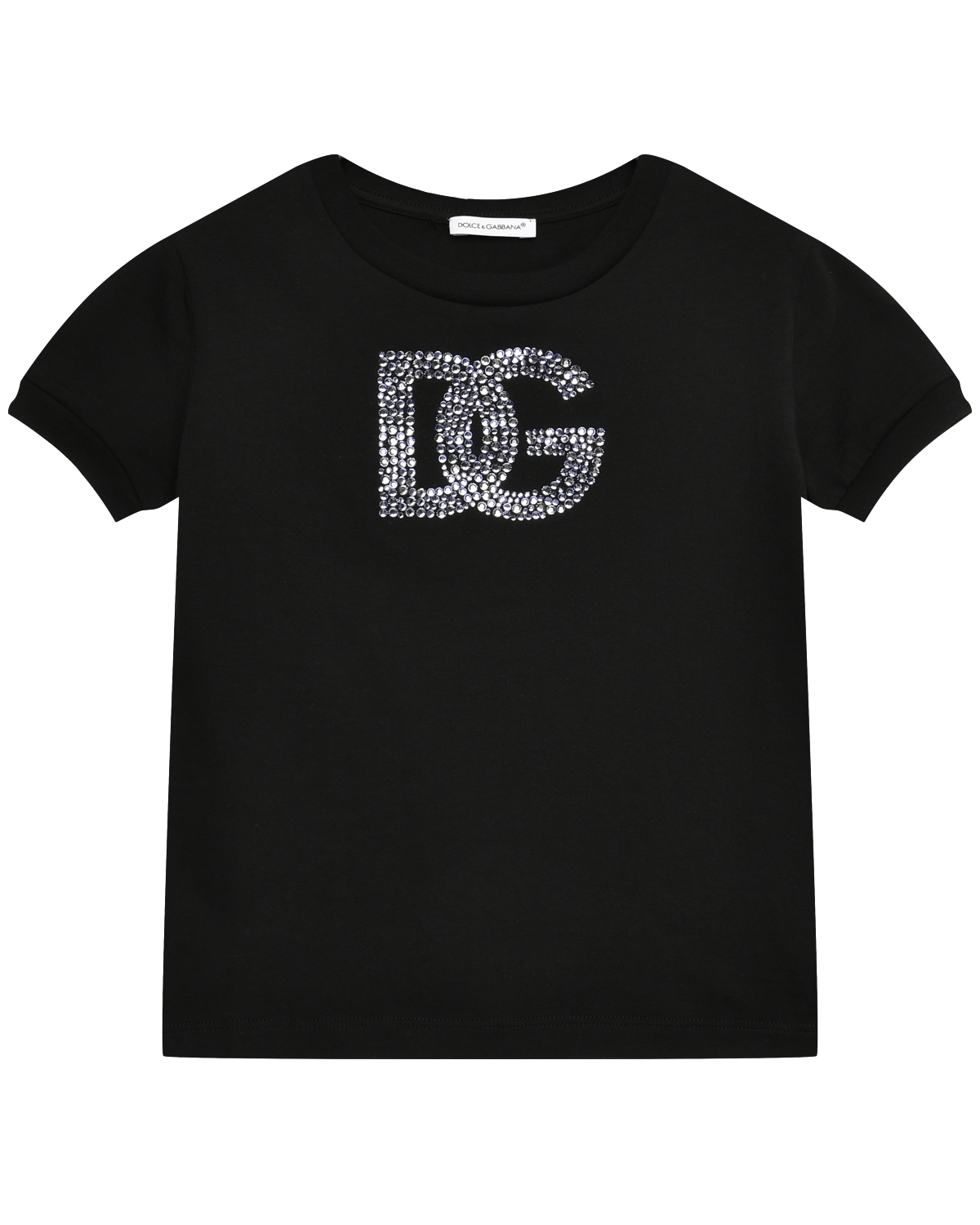 Футболка со стразами на логотипе DG, черная Dolce&Gabbana, размер 128, цвет черный - фото 1