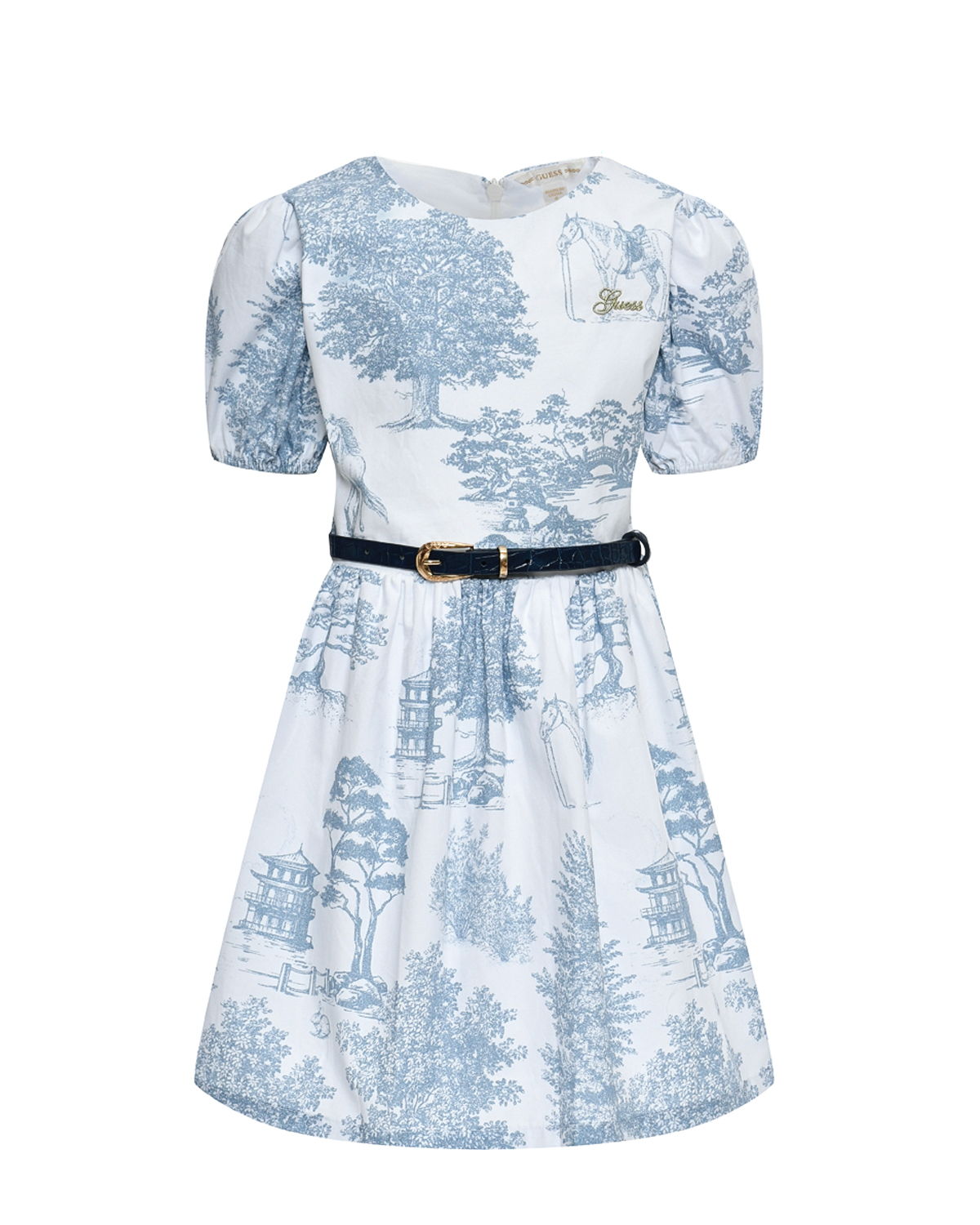 Приталенное платье с голубым принтом Guess, размер 104, цвет мультиколор - фото 1