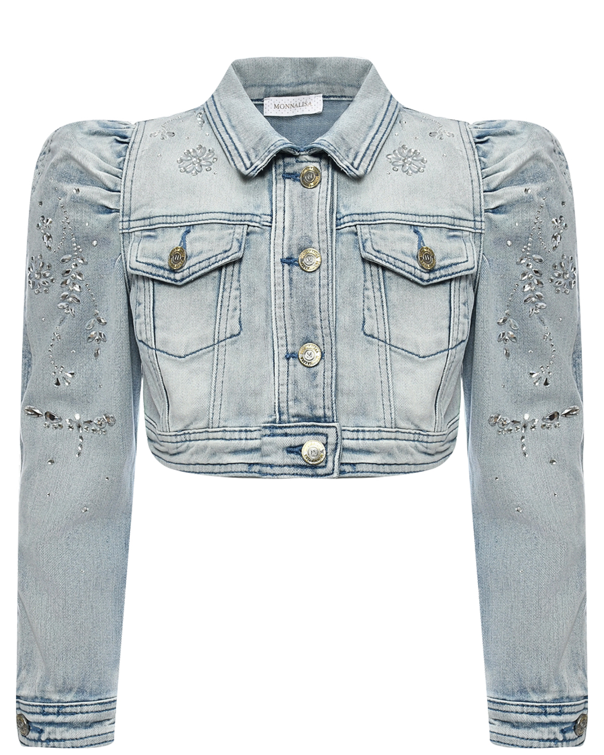 Куртка джинсовая укороченная с узорами из страз, светло-голубая Monnalisa, размер 116, цвет нет цвета