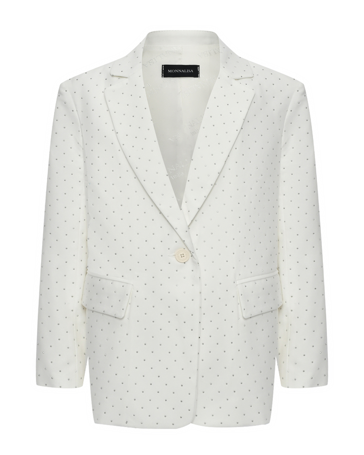 Пиджак однобортный белый со стразами Monnalisa, размер 140, цвет нет цвета - фото 1