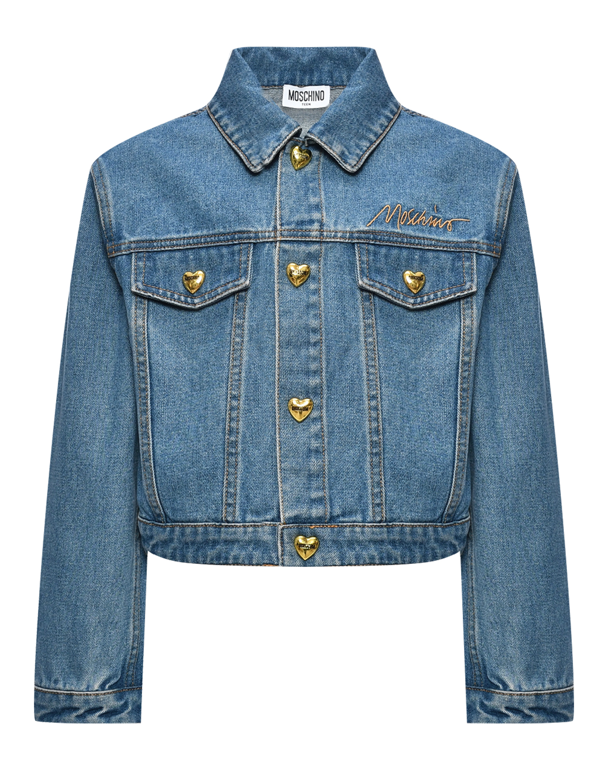 Джинсовая куртка с золотыми пуговицами Moschino, размер 140, цвет голубой