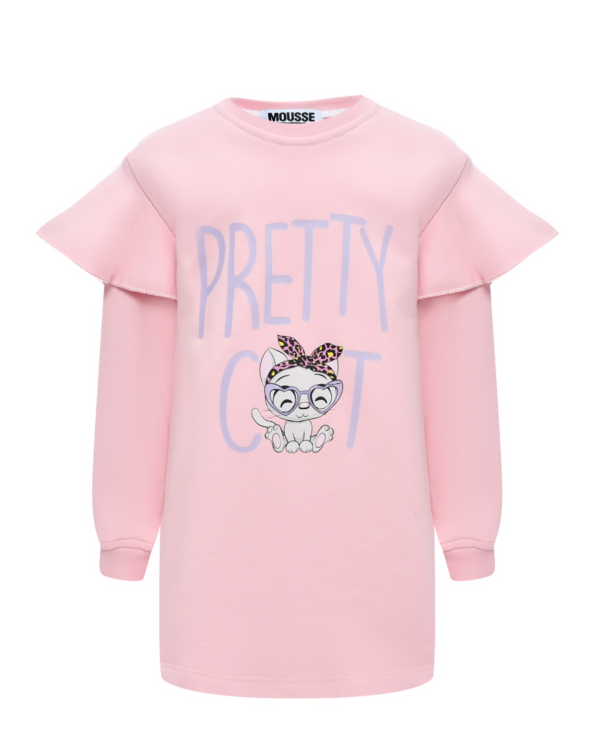 Платье с рюшами принт кошка в очках, светло-розовое Mousse kids