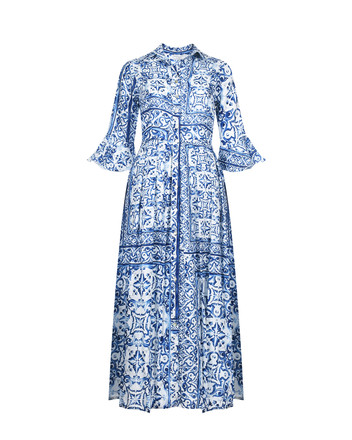 Платье льняное миди со сплошным принтом "Майолика" Positano Couture