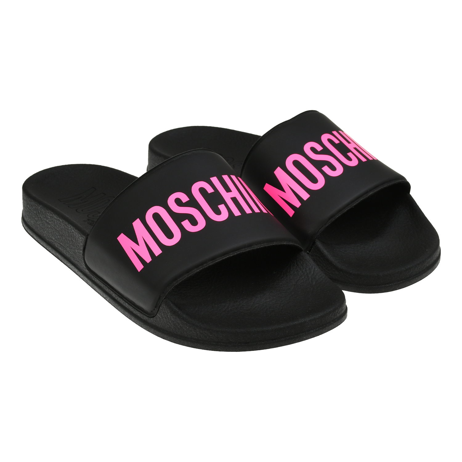 Шлепки с розовым лого, черные Moschino