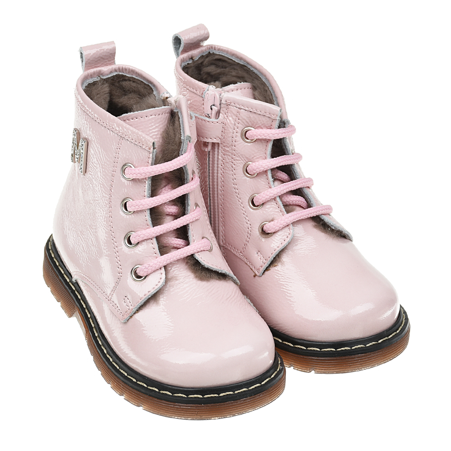 Розовые кожаные ботинки с декором из стразов Monnalisa детские, размер 22, цвет розовый