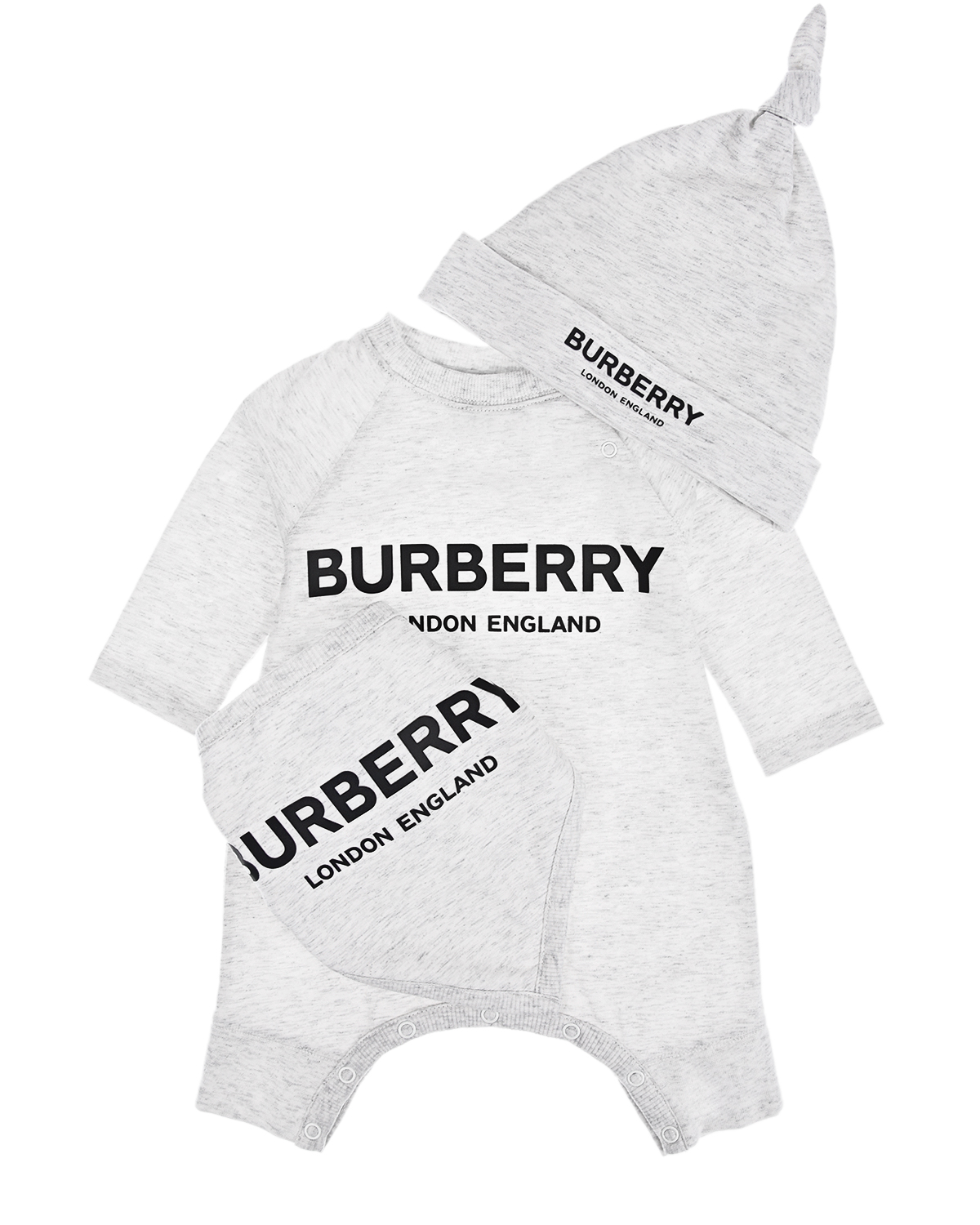 Подарочный набор для новорожденных (комбинезон, слюнявчик, шапка) Burberry детский, размер 56, цвет белый