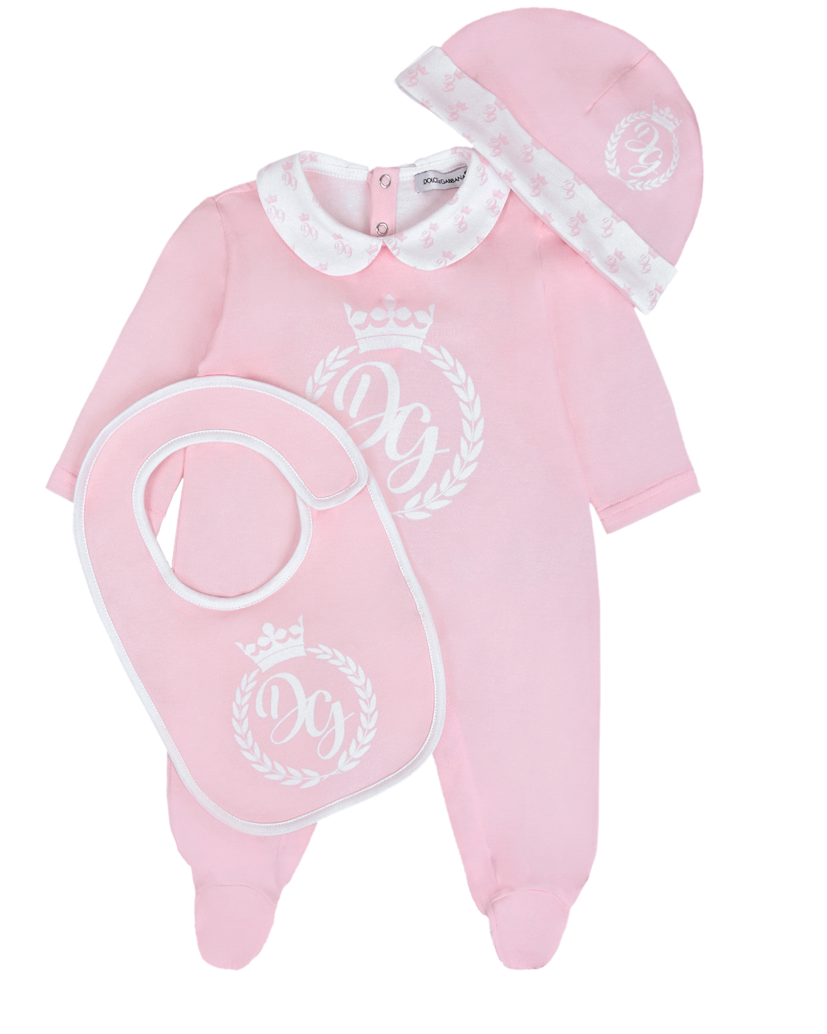 Розовый комплект из комбинезона, шапки и слюнявчика Dolce&Gabbana детский
