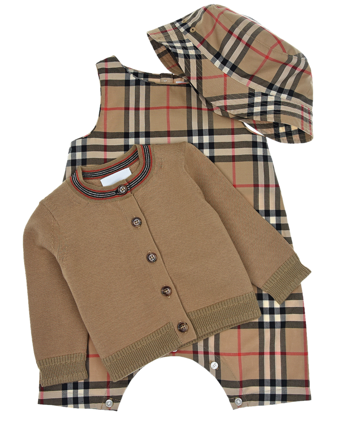 

Комплект: песочник, кофта и панама Burberry, Бежевый, Комплект: песочник, кофта и панама Burberry