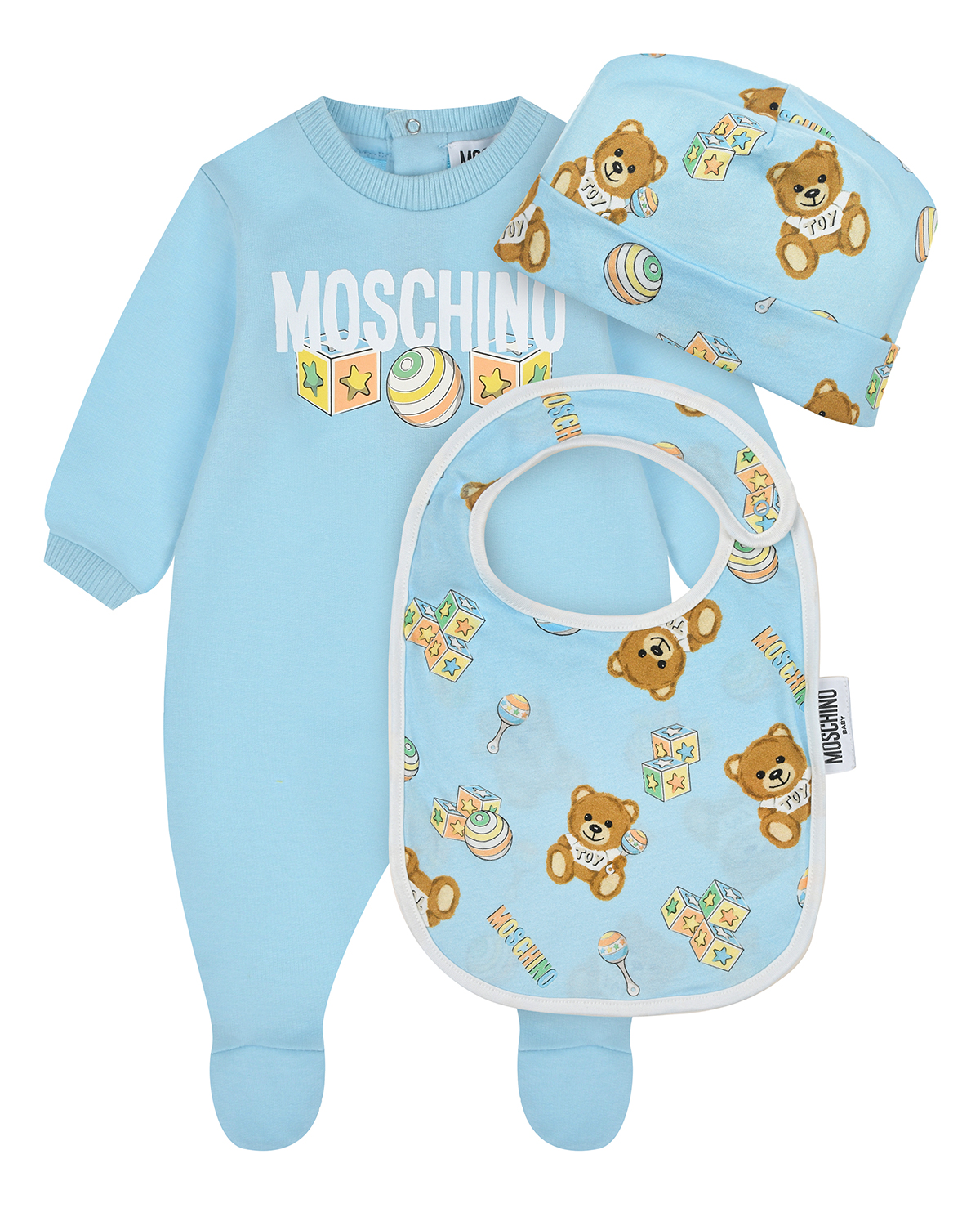 Комплект: комбинезон, слюнявчик и шапка, голубой Moschino