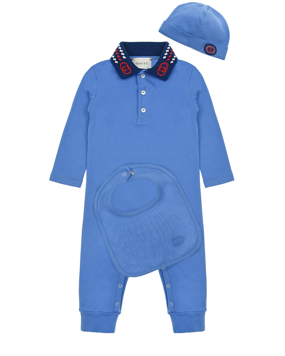 Подарочный набор: комбинезон, шапочка и слюнявчик GUCCI детский, размер 62, цвет голубой