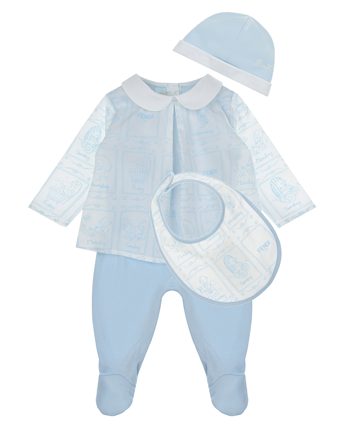 Комплект: комбинезон, шапка и слюнявчик, голубой Fendi детский, размер 62