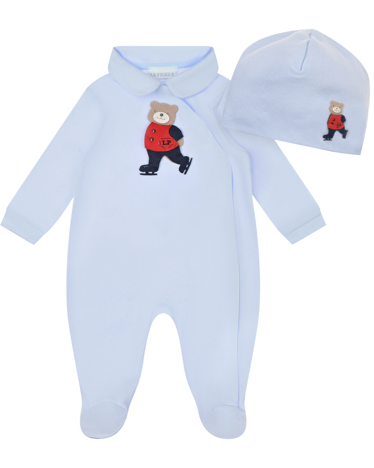 Подарочный набор: комбинезон и шапка, вышивка "медведь на коньках" La Perla детский