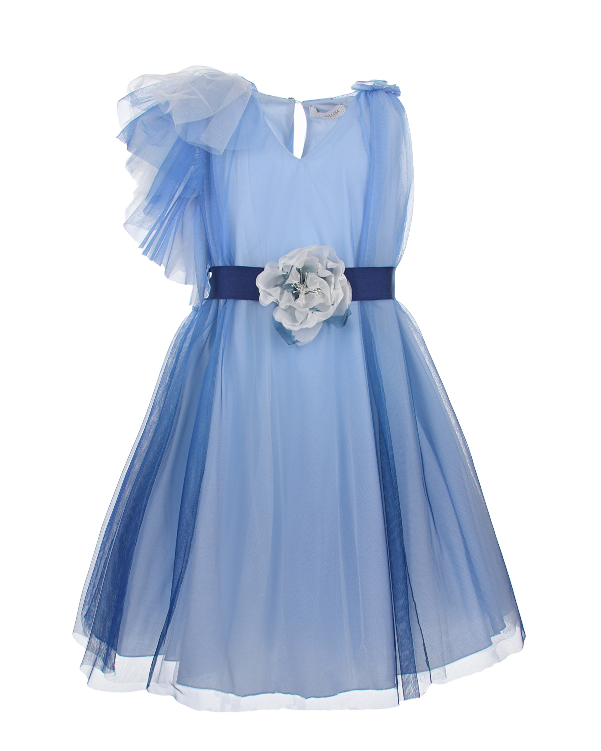 Голубое платье с аппликацией "цветок" на поясе Monnalisa, размер 152 - фото 1