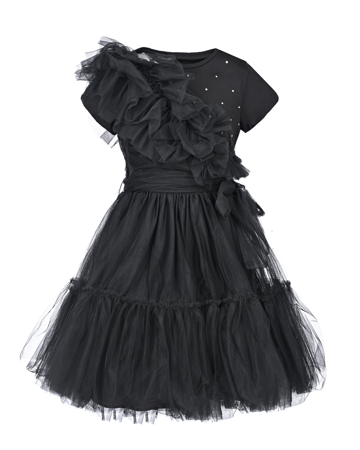 Черное платье с оборками и стразами Monnalisa детское, размер 128, цвет черный - фото 1