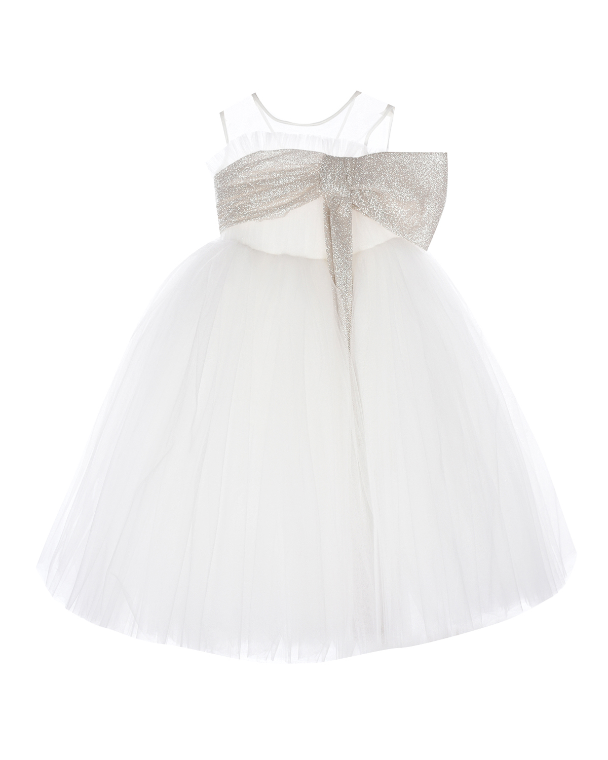 Белое платье с крупным серебристым бантом Sasha Kim детское, размер 104, цвет мультиколор - фото 1