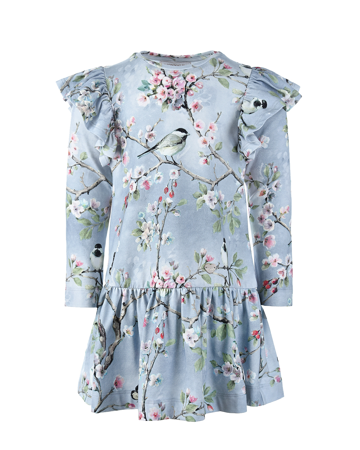 Серое платье с принтом "Синицы" Monnalisa детское, размер 128, цвет серый - фото 1