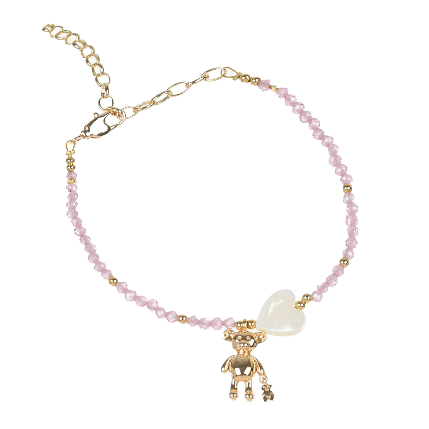 Браслет, циркон/ подвеска "медвежонок"/розовый/золото I Love Cameo детский