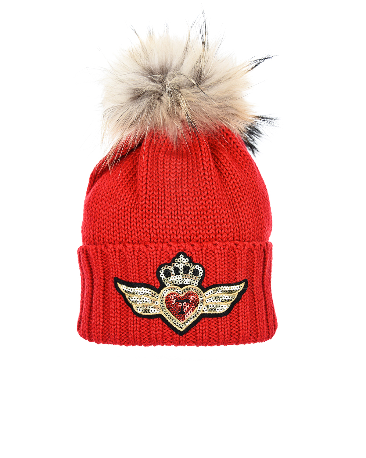 

Шапка из шерсти с помпоном из меха и декором на отвороте Regina детская