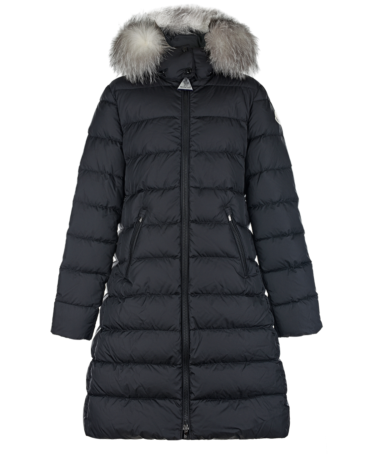 Купить Черное стеганое пальто Moncler детское, Черный, 100%полиамид, 90%пух+10%перо, мех лисы