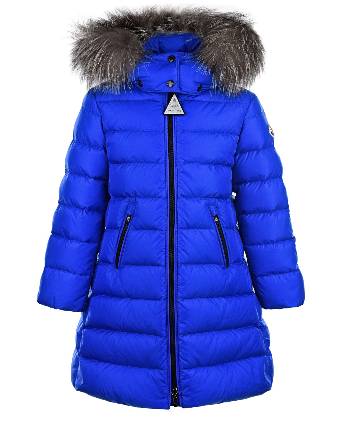 Пальто приталенного кроя с меховой опушкой Moncler детское, размер 104, цвет синий - фото 1