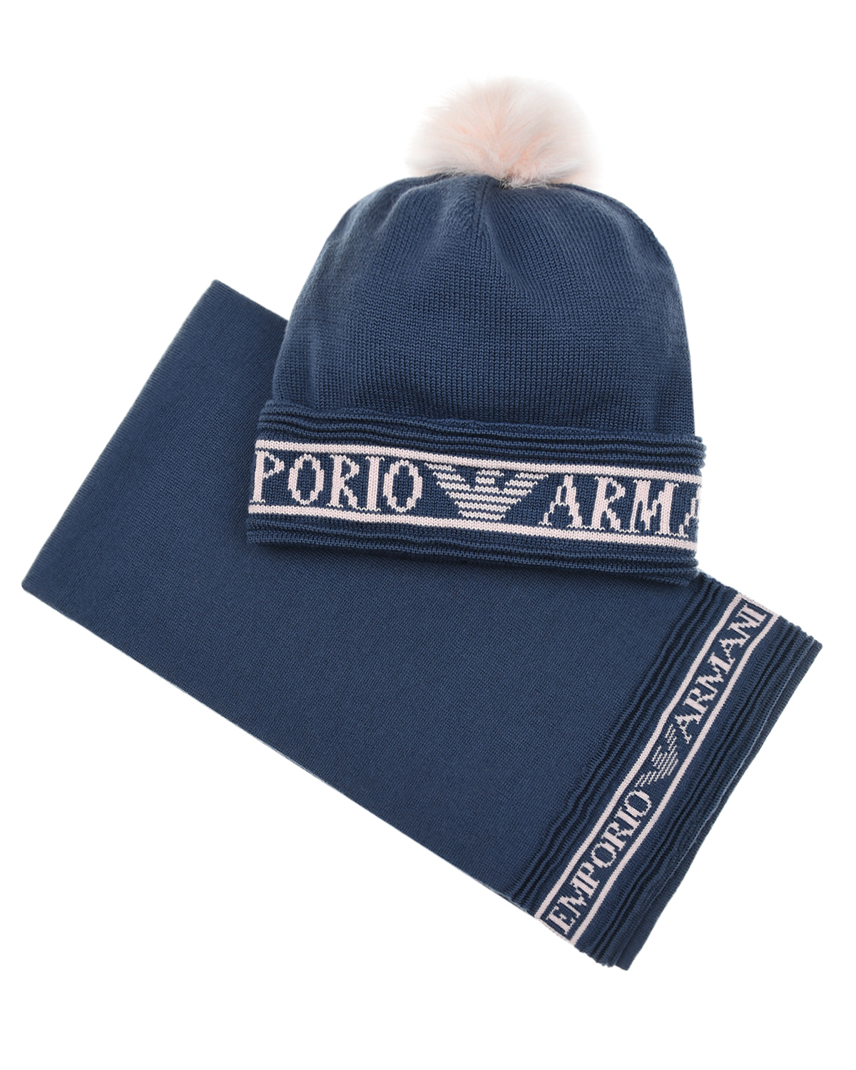 Комплект из шапки с помпоном и шарфа, синий Emporio Armani детский, размер S