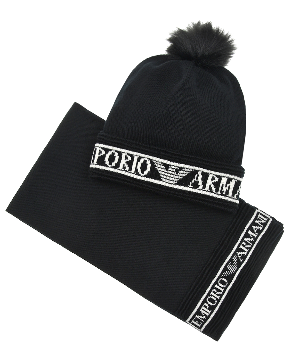 Комплект из шапки с помпоном и шарфа, черный Emporio Armani детский, размер M