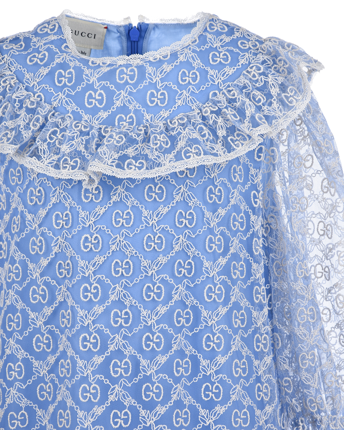 Голубое платье из фатина с вышивкой GG GUCCI детское, размер 128, цвет голубой - фото 3