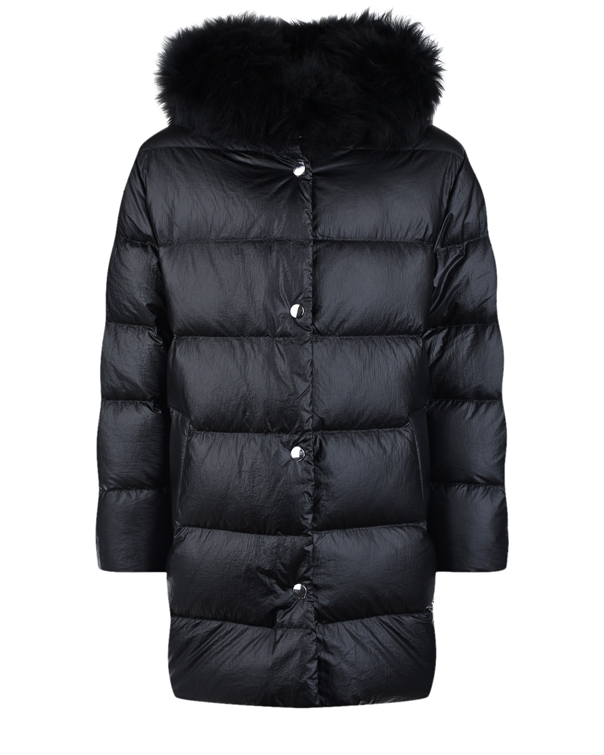 Купить Черное пальто с меховой отделкой Yves Salomon детское, Черный, 100%мех, 100%полиамид, 97%полиэстер+3%эластан, 95%пух+5%перо